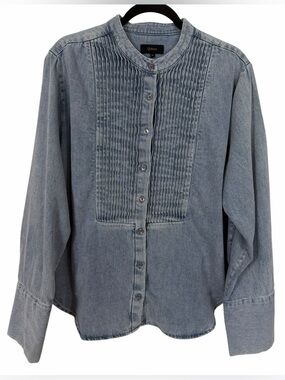Quince Distressed Denim Tuxedo Shirt Pleated Placket Size XL